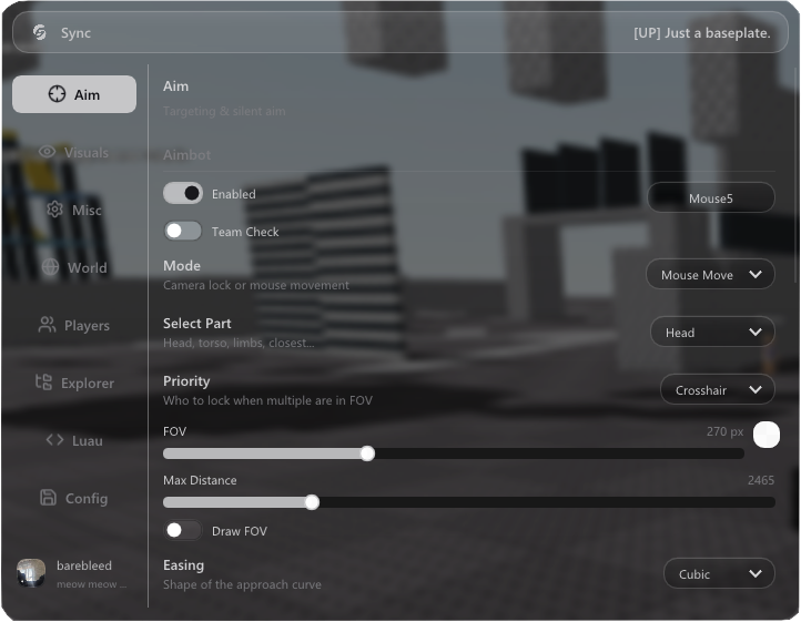 Sync menu showing Aim controls